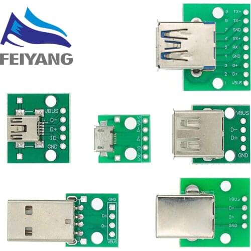 5PCS USB Male Connector / MINI MICRO USB to DIP Adapter female connector 2.54 Connector B Type-C USB2.0 3.0 Female PCB Converter