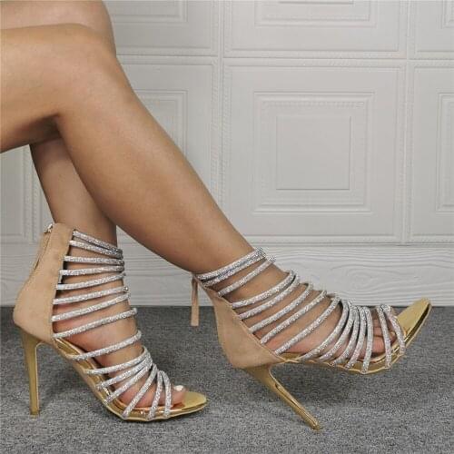 Sexy Crystal Gladiator Stiletto High Heel Sandals Strappy Circle Cross Ankle Strap Shoes Women Open toe Summer Dress Sandalias