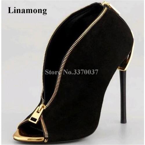 Top Brand Design Women Fashion Open Toe Gold Zipper Thin Heel Short Boots Zipper in Heels Ankle Booties Dress Shoes