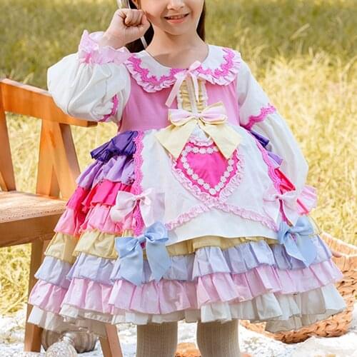 Kids Children Girls Princess Lolita Dress Baby Long Sleeve Pastel Rainbow Ruffle Bow Birthday Party Cake Dresses Vestidos ADK299