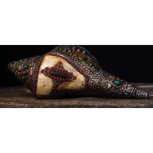 Home Decor 14"Tibet Buddhism Temple Old Bronze Natural conch Tracing Gem Dzi Beads Dharma Ward off evil spirits Horn Trumpet