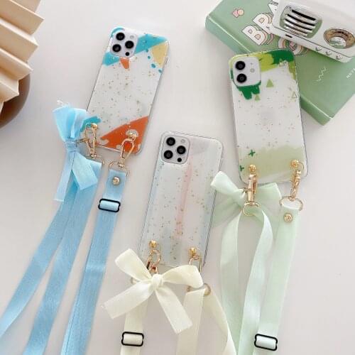 Epoxy Glitter Sequins Splice Color Phone Case for iPhone 12 Mini 11 Pro Max SE 2020 Bowknot Hanging Rope Crossbody Strap Cover
