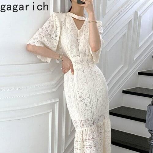 Gagarich Women Dresses 2021 Spring Autumn French Vintage Temperament Female Sexy V-Neck Lace Cutout Design Mermaid Vestidos
