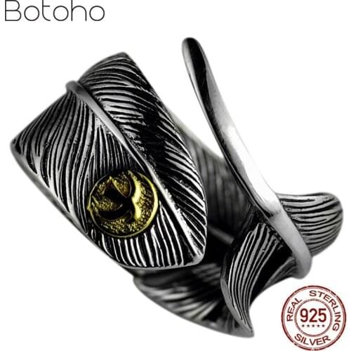 925 Sterling Silver color Feather Ring for Men Women Adjustable Takahashi Flying Bird Designed Ring Vintage Punk Style Jewelry