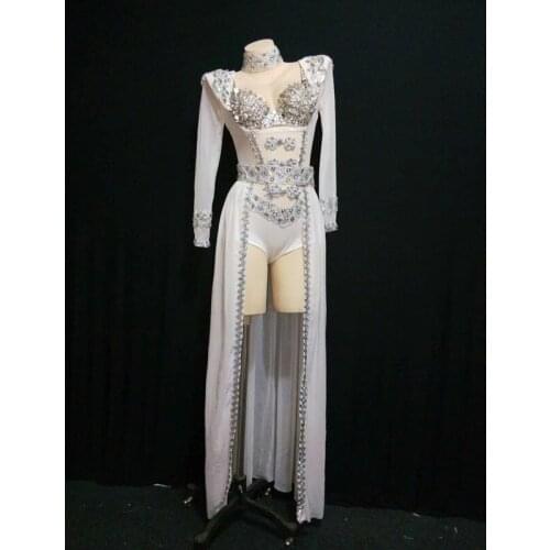 Nightclub Party Celebration Singer Stage Outfit Sets Sequin Rhinestone Bra Bodysuit+Skirts Women Sexy DJ Dancer Performance Wear