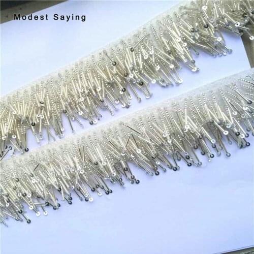 Silver 3cm Beaded Fringe Trim Ribbon Sewing 6 Tiers Tube Tassel Fringe Trimming Latin Dresses Evening Gowns Garment Accessories