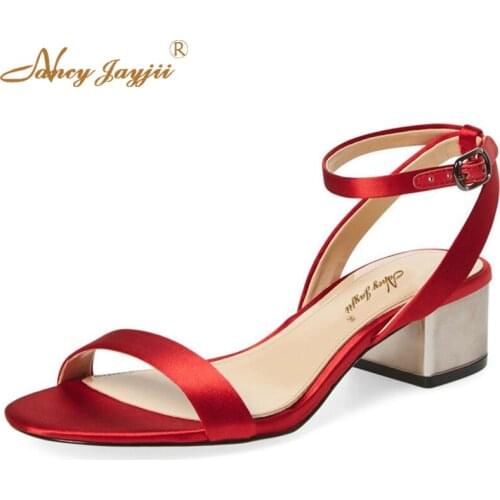 Fashion Red Shoes Luxury Satin Women Ankle Buckle Strap Sandals Low Square Block Heel Sandalias Azules Mujer Size Nancyjayjii 43