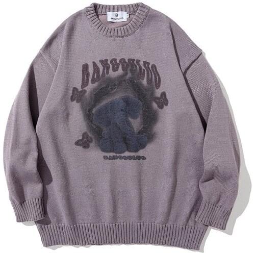 Vintage Streetwear Men Sweaters Fashion Little Elephant Printed Mohair Oversize Pullovers Hip Hop Style Knitted Jumpers Sweater