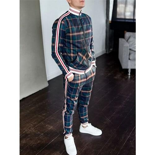 Mens Fall Casual Popular Logo Fashion Trend Loose Large Size Multi-Color Checkered Stripe Zipper Tracksuit Two Pieces