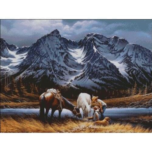 Mixed Stitch Horse Pasture Under the Snow Mountain Embroidery Needlework 14CT Unprinted Cross Stitch Kits Art DIY Handmade Decor