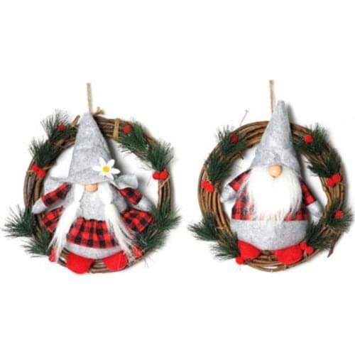 2-Piece Set Of Christmas Decorations Natural Rattan Ring Faceless Doll Pendant Home Furnishing Door Hanging