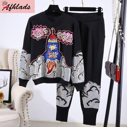 2020 Autumn Embroidery Vintage Fashion Two-Piece Set Women Korean Clothing Knitted Sweater Tops + Pants Casual Two-Piece Set