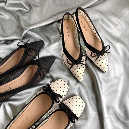 Summer Polka dot air mesh shoes women 2021 loafers sneakers woman flats espadrilles pointed toe bow-knot breathable moccasins