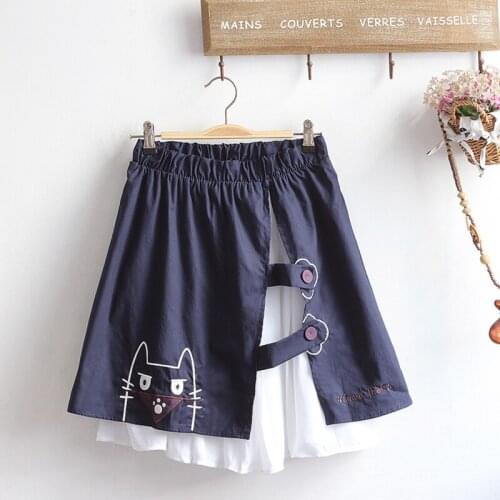 Japanese Fashion Skirt Women Kawaii High Waist Preppy Student Cute Mini Skirts Cute Cat Graphic Loose Female Skirt Spring Autumn