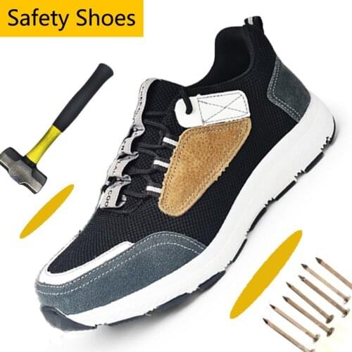 Suede Leather Steel Toe Shoes Anti-Smash Men Work Safety Shoes Lightweight Mesh Athletic Sneaker Outdoor Cushioning Hiking Shoes