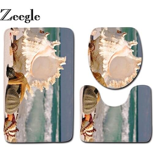 Zeegle Shell Printed 3Pcs Bathroom Mat Toilet Rugs Non-slip Bathroom Floor Mats Bath Carpet Absorbent Carpet For Bathroom