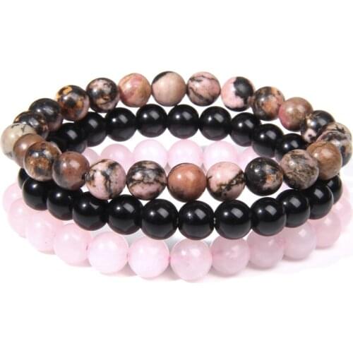 Women Men Bracelets Natural Stone Beads Bracelet Black Onyx Rhodonite Pink Quartzs Beaded Wrist Stackable Mens Bracelets Jewelry