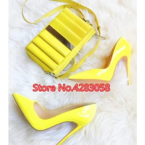 Free shipping fashion Casual Designer women pumps yellow patent leather pointy toe heels stiletto heel women shoes 12cm 10cm 8cm