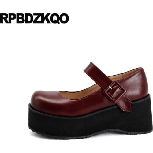 12 44 Wine Red Harajuku Women Creepers Wedge Mary Jane High Heels Gothic Plus Size Round Toe Platform Shoes Strap Pumps 3 Inch