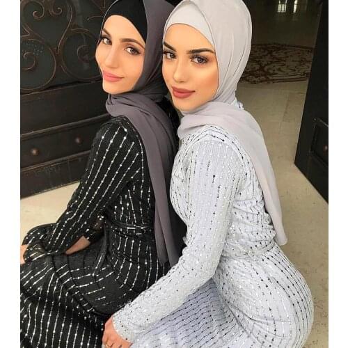 Women Muslim Islamic Arab Abaya Kaftan Sequin Long Sleeve Slim Waist Dress