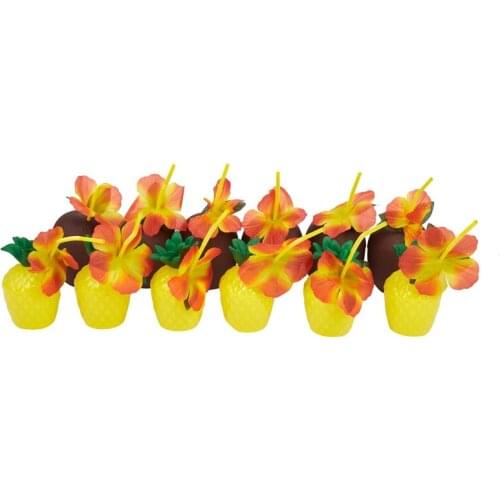 12Pcs/Lot Pineapple Coconut Cups Fruit Shape Juice Party Drinking Cups with Flower Straws for Hawaiian Luau Summer Beach Party