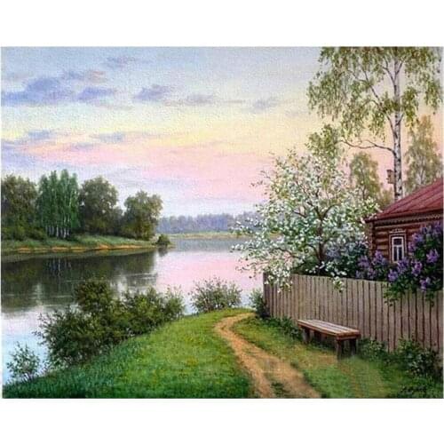 Village lake natural scenery diamond embroidery full rhinestone diamond mosaic diamond painting cross stitch kit home decoration