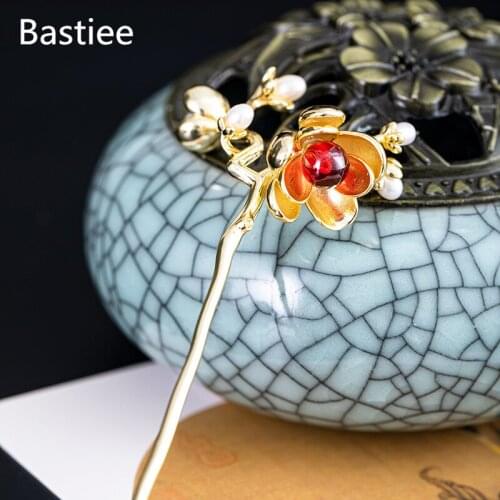 Bastiee Wedding Hair Jewelry 925 Sterling Silver Hair Stick Women Luxury Golden Plated Hairpin Pomegranate Flowers Garnet