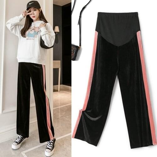 Pregnant womens gold velvet wide-leg pants waist support spring and autumn pregnant women belly lift pants loose casual pants