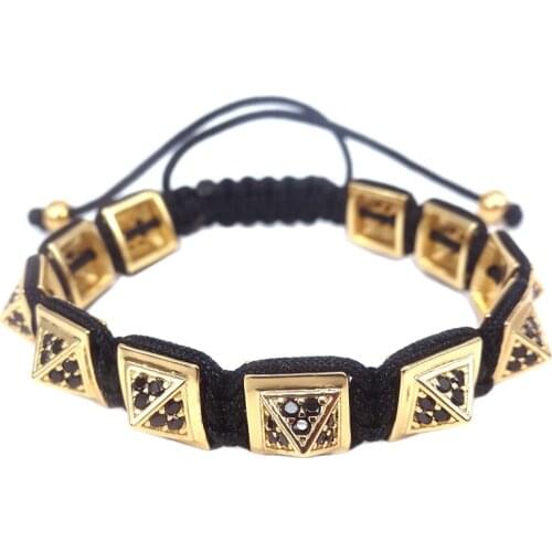 Pure Gold Color Beads & Micro Pave Black CZ Pyramid Beads Braiding Macrame Spike Studded Bracelet Jewelry Gift Pulseira Feminina