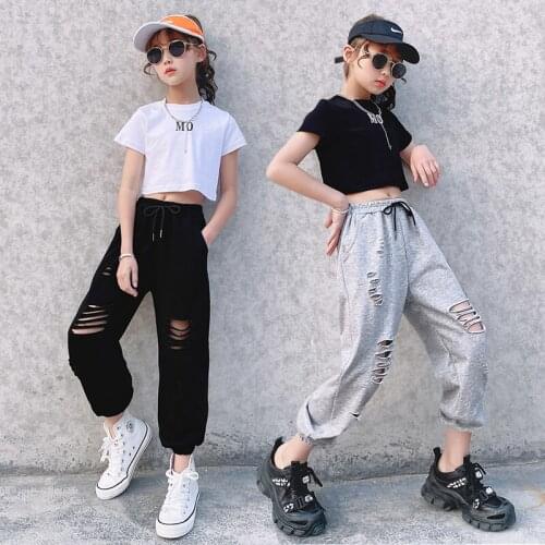 Childrens Costume Summer Girls Short Sleeve Tees Ripped Holes Pants Suit 3 to 14 Yrs Cool Girls T-shirt Top + Bottoms 2pcs Sets