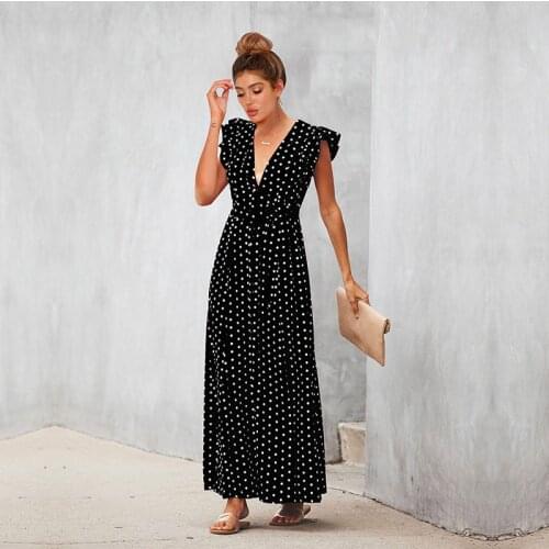 AECU 2021 Long Dress Women Sexy Deep V Neck Elegant Ruffles Sleeve Party Dresses Print Dot Maxi Dress Female Vestidos For Women