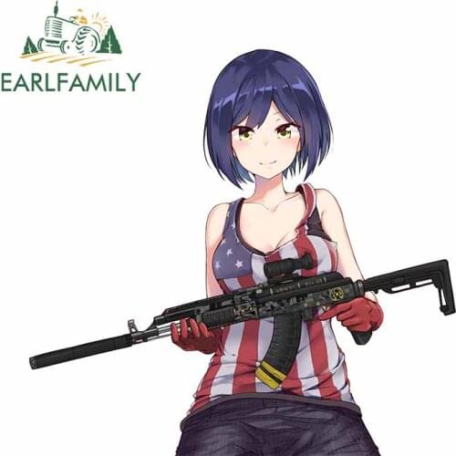 EARLFAMILY 13cm x 12.3cm Car Stickers for Anime Girl with A Gun Car Styling Waterproof Decal Windows Motorcycle Laptop Decals