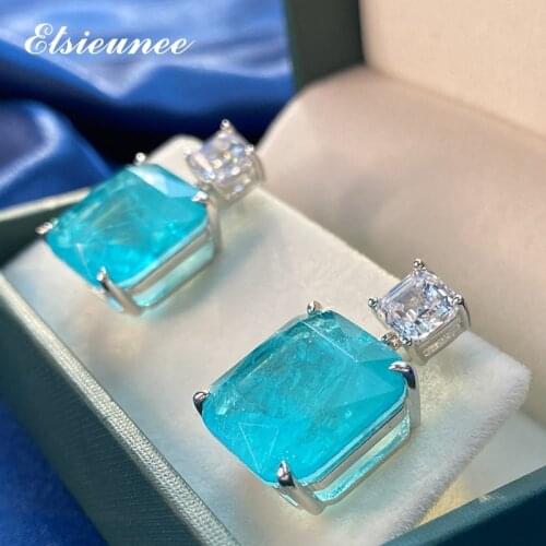 ELSIEUNEE 100% 925 Sterling Silver Big Paraiba Tourmaline Simulated Moissanite Earrings Cocktail Party Fine Jewelry Wholesale