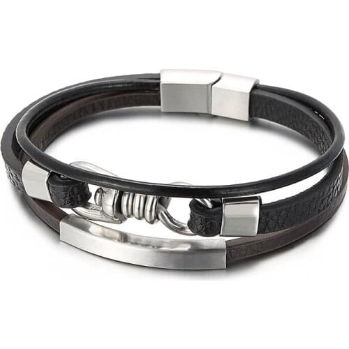 European Punk Jewelry Stainless Steel Metal Accessories Charm 3 Layer Men Leather Bracelet 2021