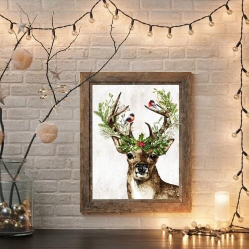 Woodland Animal Deer Print Winter Holly Berries Christmas Holiday Decoration Poster Wall Art Canvas Painting Farmhouse Decor