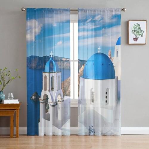 Greece Santorini Blue Roof Church Tulle Sheer Window Curtains for Living Room Kitchen Children Bedroom Voile Hanging Curtain