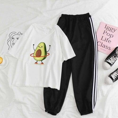 Kawaii Two Piece Set Outfits for Women Matching Sets Trousers Women Streetwear and Short Sleeve Avocado T Shirt Loungewear