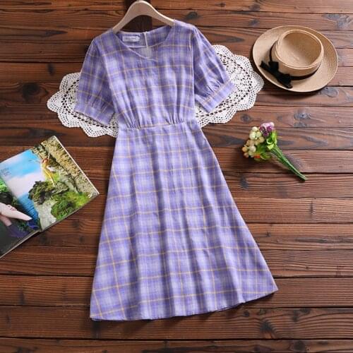 2020 summer new arrival plaid dress Japan style fashion V-neck short sleeve midi dress
