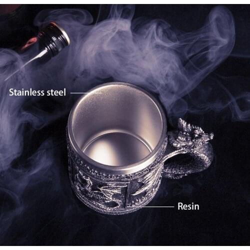 Retro Dragon Resin Stainless Steel Beer Mug Skull Knight Tankard Halloween Coffee Cup Creative Viking Tea Mug Pub Bar Decoration