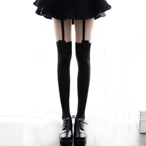 Sweet Vintage Style Womens Lolita Black Tights Summer Velvet Pantyhose Cosplay Kawaii Mori Girls Socks Fake Straps Patchwork