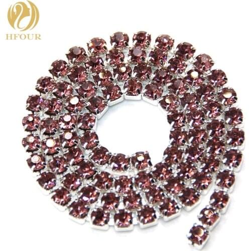New 5yard/pack High quality Sliver base Light Purple glass crystal Rhinestones Cup Chain DIY clothing/Wedding dress Accessories