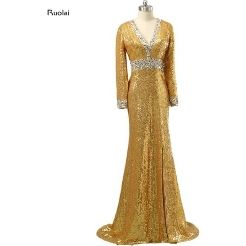 2017 New Arrival Charming Gold Sequined Long Sleeves Muslim Evening Dresses V-Neck Long Evening Gown Split Side Custom Made