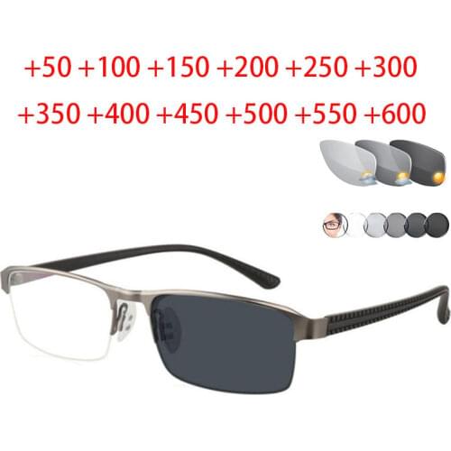 Photochromic Reading Glasses Men Aspheric Hard Resin Lense Reader Eyeglasses Flexible Temples Legs Half Frame Male Presbyopia