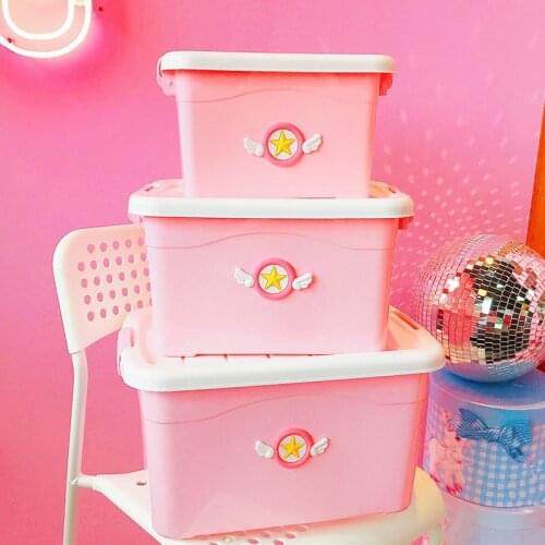 Card Captor Sakura Pink Clothes Storage Box with Lid Girls Cute Finishing Case Household Makeup Organizer Plastic Sundries Boxes