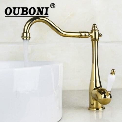 Polished Golden Swivel Deck Mount Single Handle Tap 8485K Single Hole Kitchen Cozinha Torneira Faucets,Mixer Tap