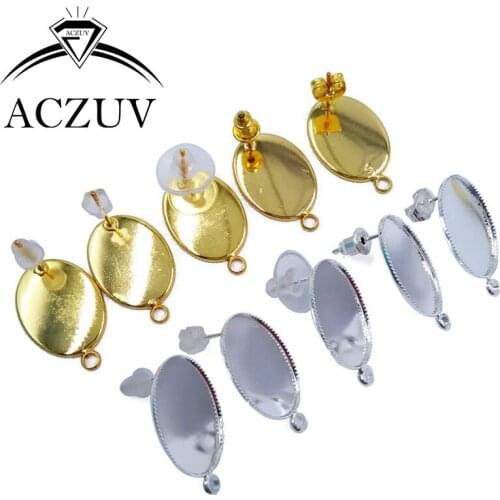 Silver Plated and Gold Plated 200pcs 13x18mm Bezel Blank Earring Base Cameo Setting Earring Post with Stopper EZ-001