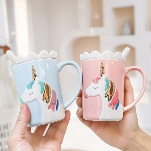 Cute cartoon animals unicorn ceramic cup with lid metal spoon beverage coffee Mug tea cup child Birthday holiday gift milk cup