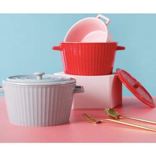 Nordic Ceramic Salad Bowl With Handle Lid Breakfast Cereal Fruit Bowl Solid Color Dessert Soup Noodle Bowl Microwave Special
