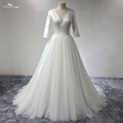 LZ293 Yiai Real Pictures Simple Satin V-neck Wedding Dress Ivory Three Quarter Ball Gown Thin Sashes Bridal Dress