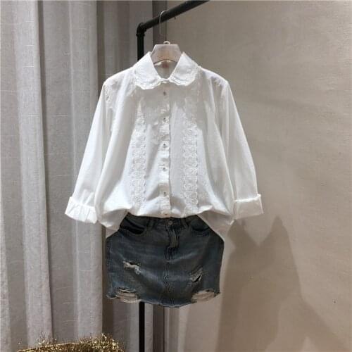 Lamtrip Unique Lolita Embroidery Lacing Stitch Peter Pan Collar Long Sleeve Shirt Mori Girl Kawaii White Fairy Top